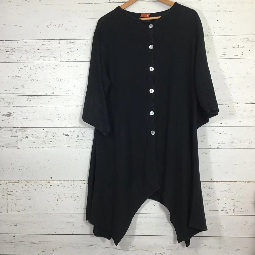 Oh My Gauze! Black Button Up Long Tunic Style Top Lagenlook Size 1 US 6-10 - Picture 2 of 8